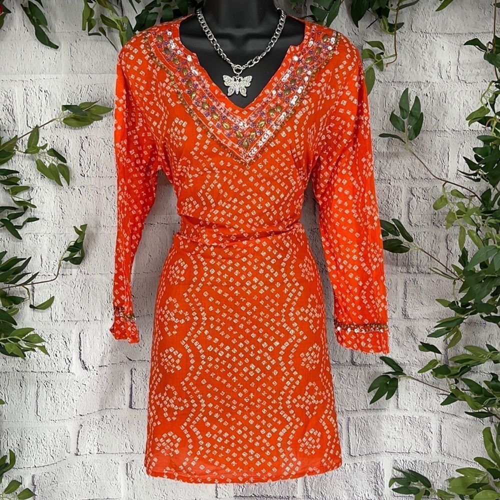 Women’s CZ Orange & White Beaded Vneck Coverup (M) AB12